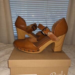 Revel Stella Cognac Brown Platform Clogs with Wooden Heel